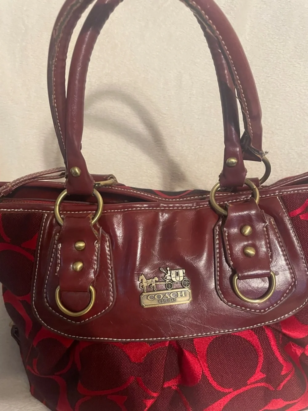 Coach Red and Burgundy Signature Tote
